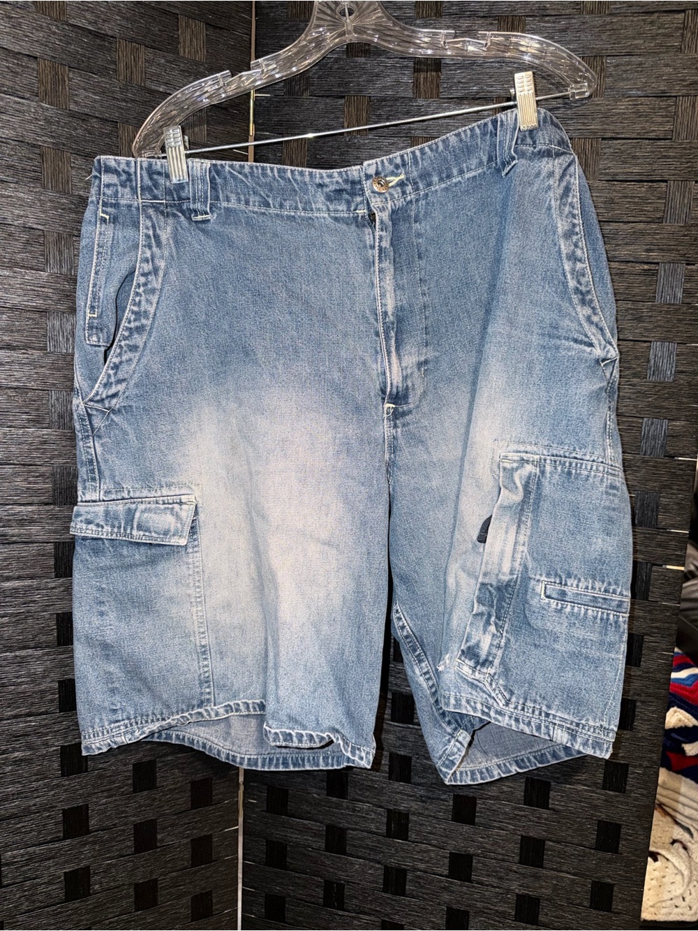 Vintage Y2k Grunge Route 66 Men's Light Blue Denim Cargo Shorts